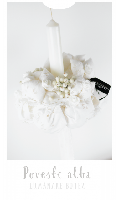 Lumanare de botez cu dantela alba, 65x4cm,  Poveste alba  2